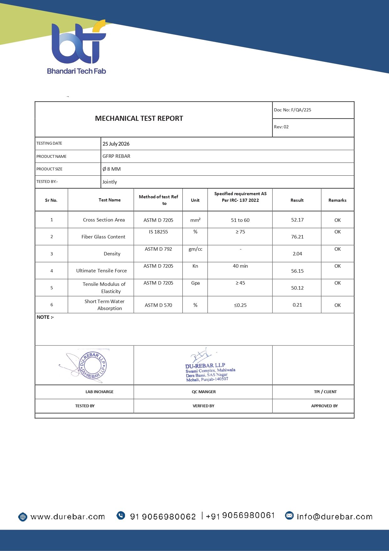 Mechanical Test Certificate - Ø 8 MM