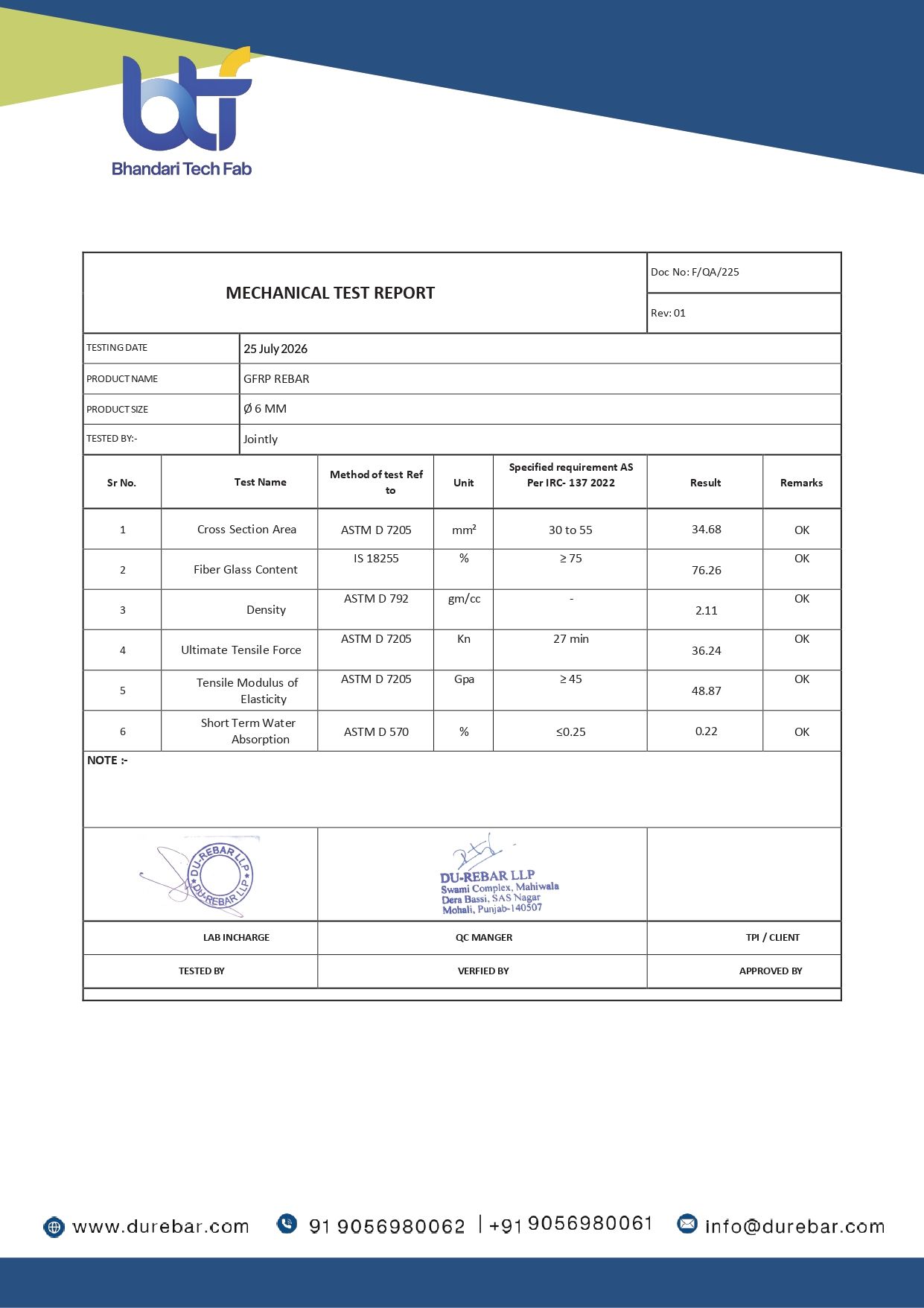 Mechanical Test Certificate - Ø 6 MM
