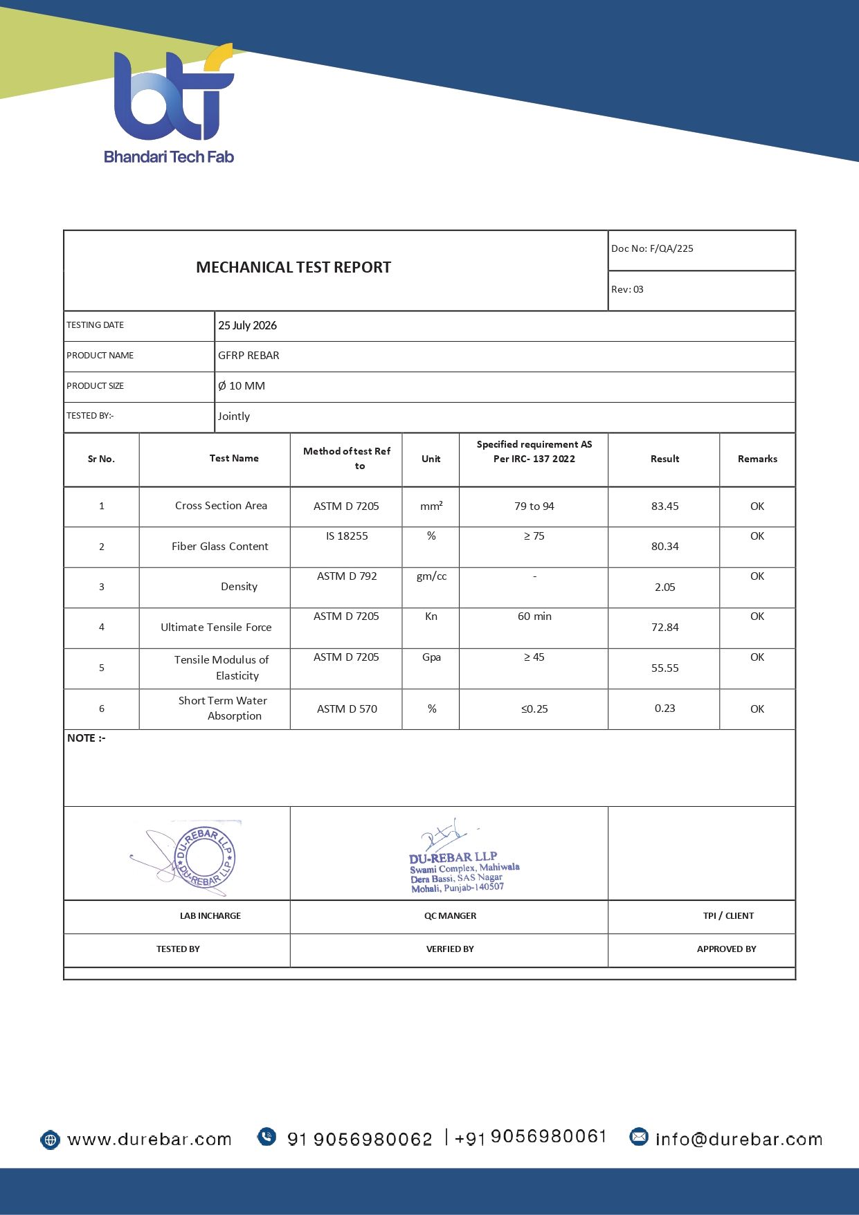 Mechanical Test Certificate - Ø 10 MM